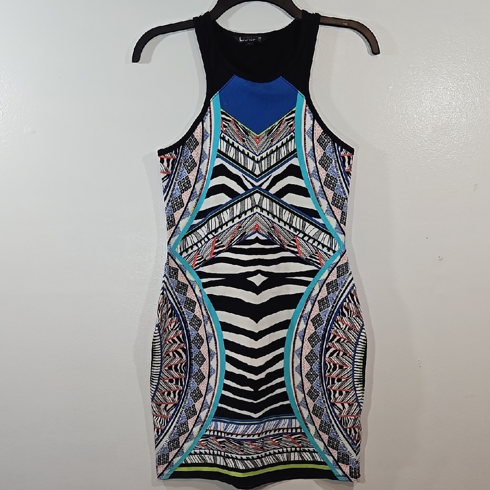 Express Blue & Black Tribal Zebra Bodycon Knit Dress Small